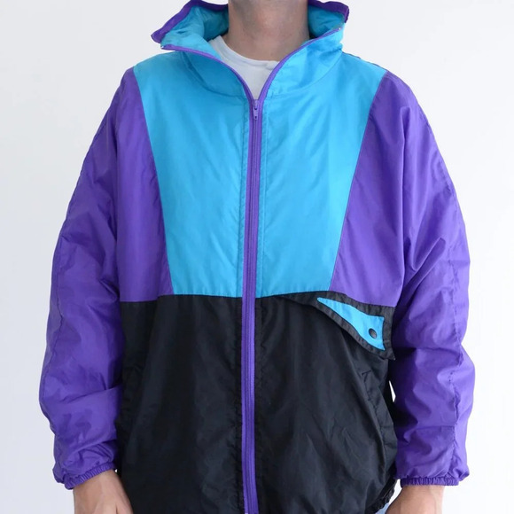 80S Active Spirit Purple Teal Zip Up Nylon W/ Hidden Hood Lined Windbreaker Coat - Picture 3 of 14